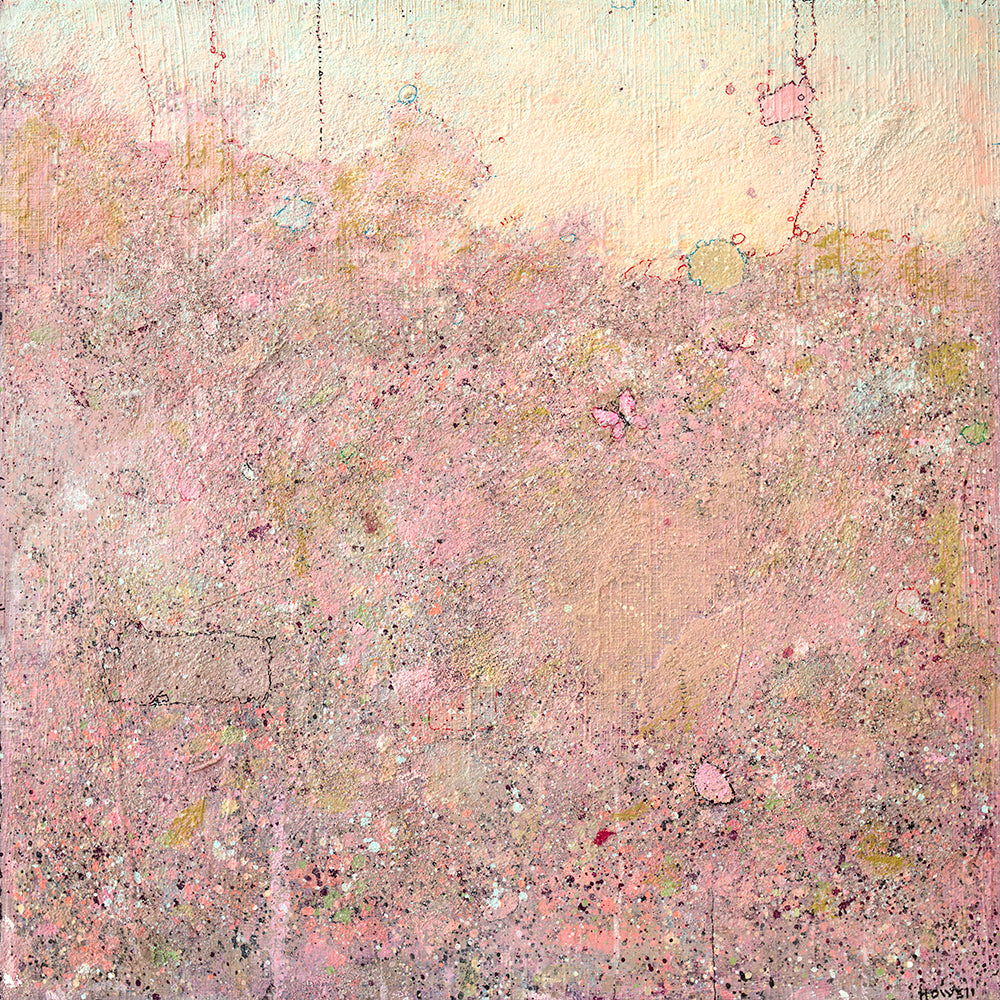 A pink abstract landscape print with a small pink butterfly and black and green accents by Elwood Howell.