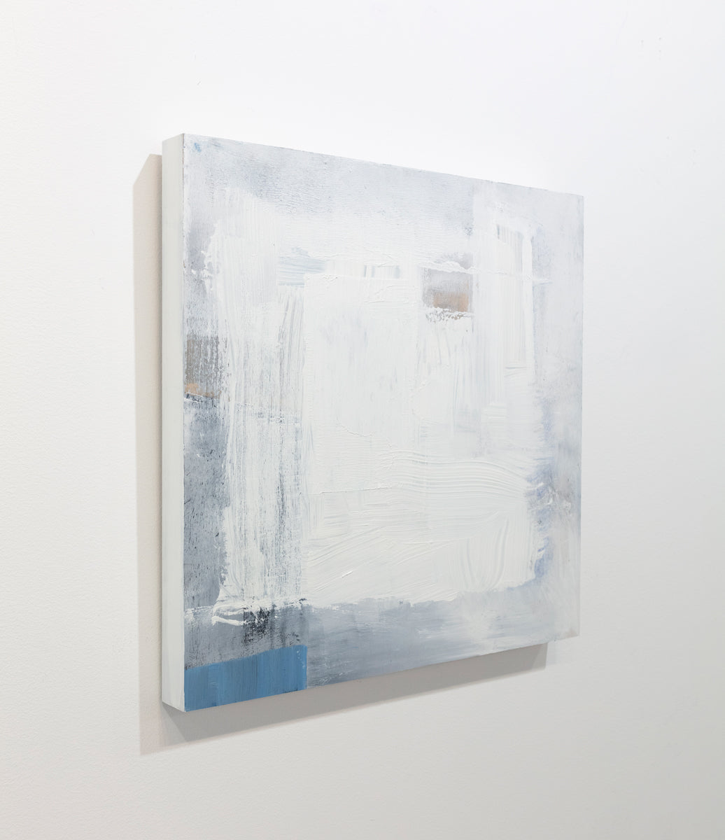 An abstract painting with white brushstrokes is seen at an angle on a gallery wall. Wired and ready to hang.