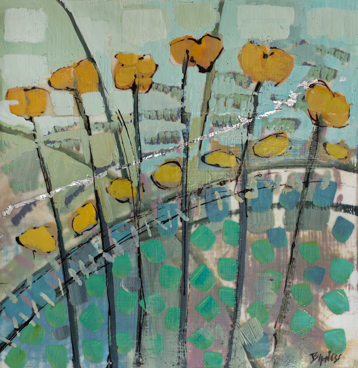 A blue, green, and yellow floral abstract encaustic painting by Linda Bigness. 