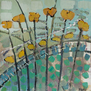 A blue, green, and yellow floral abstract encaustic painting by Linda Bigness. 