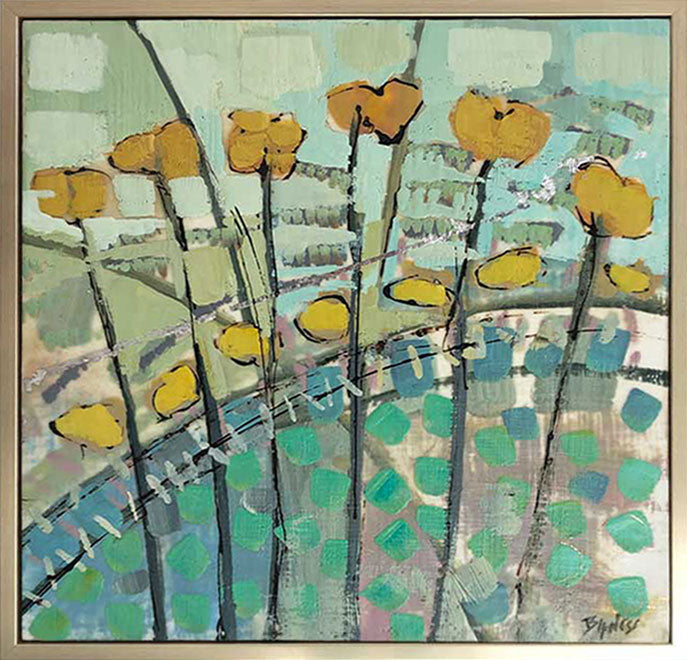 A blue, yellow, and green abstract floral painting framed in a gold frame. 