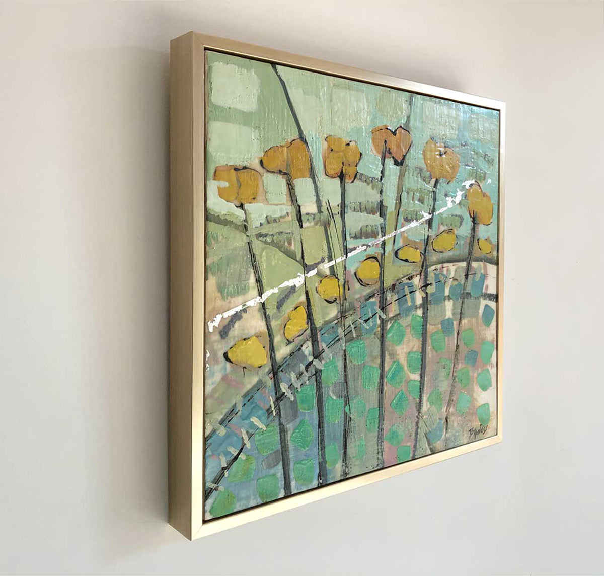A left-hand side-angle view of a framed floral abstract painting by Linda Bigness. 