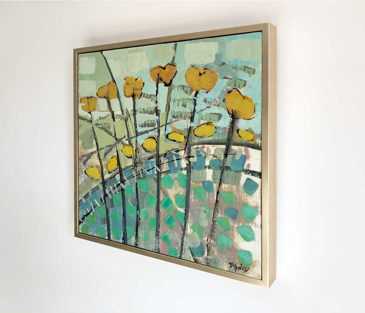 A right-hand side-angle view of a framed floral abstract painting by Linda Bigness.