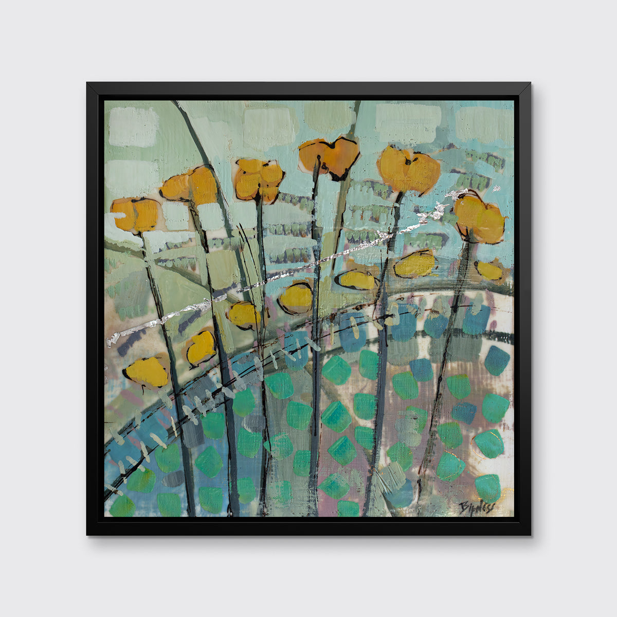 A blue and yellow abstract floral print framed in a black floater frame, hanging on a light grey wall.