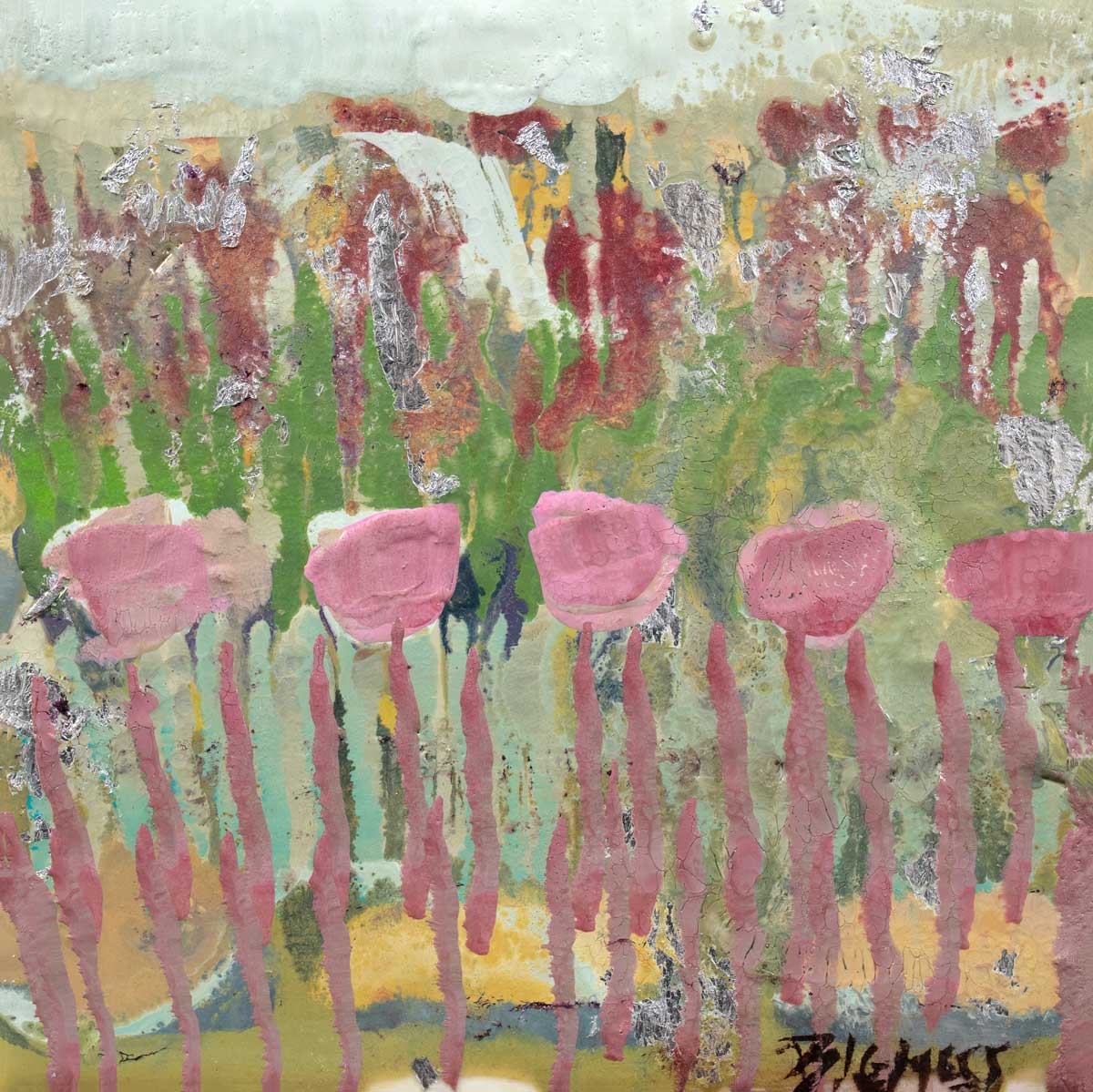 A green, pink and teal abstract floral print by Linda Bigness.