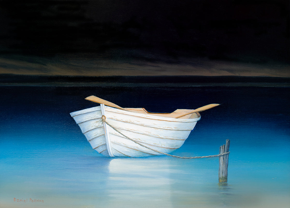 A limited edition print of a painting of a row boat tied to a stake in the water. The water is still only ripping from the presence of the row boat in it. The sky is almost completely dark. 