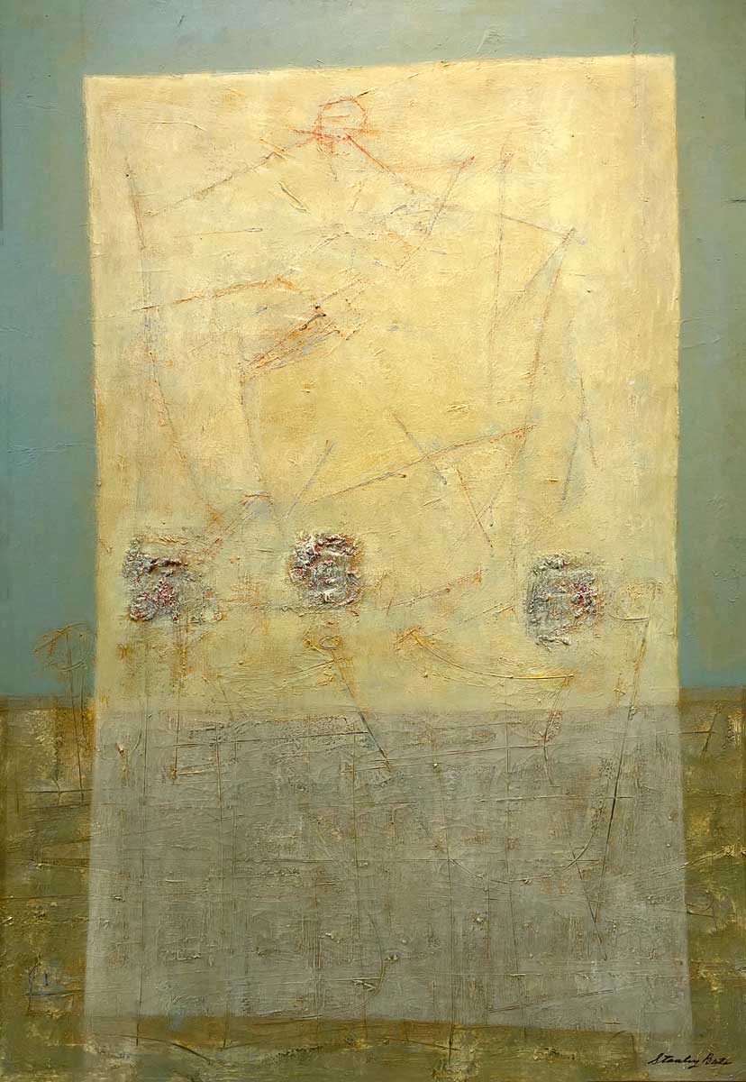 A teal, light yellow and grey abstract painting by Stanley Bate.