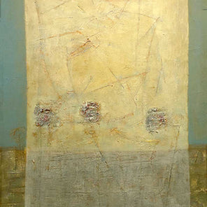 A teal, light yellow and grey abstract painting by Stanley Bate.
