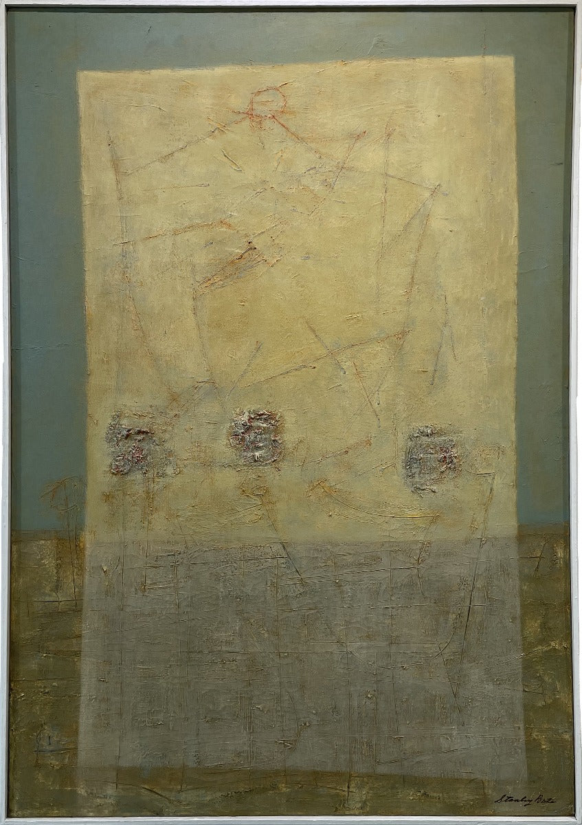 A teal, light yellow and grey abstract painting by Stanley Bate in a white frame.