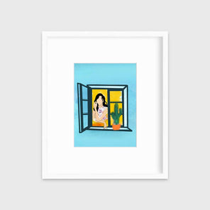 A illustrative print of a woman looking outside a window with a potted cactus on the window sill in a white frame with a mat hangs on a white wall.