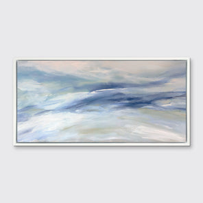 A blue, white and light green abstract print in a white floater frame hangs on a white wall.