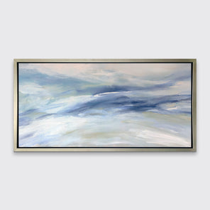 A blue, white and light green abstract print in a silver floater frame hangs on a white wall.