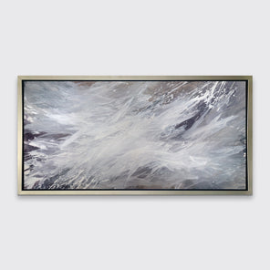 A white, grey and dark grey abstract print in a silver floater frame hangs on a white wall.