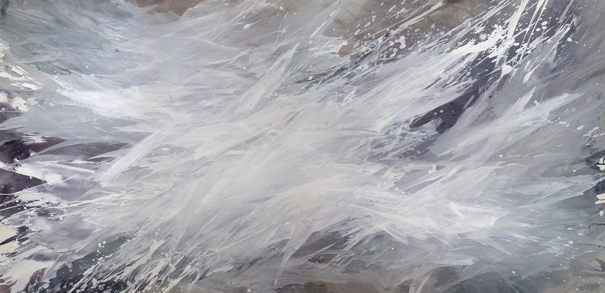 A white, grey and dark grey abstract print by Teodora Guererra.