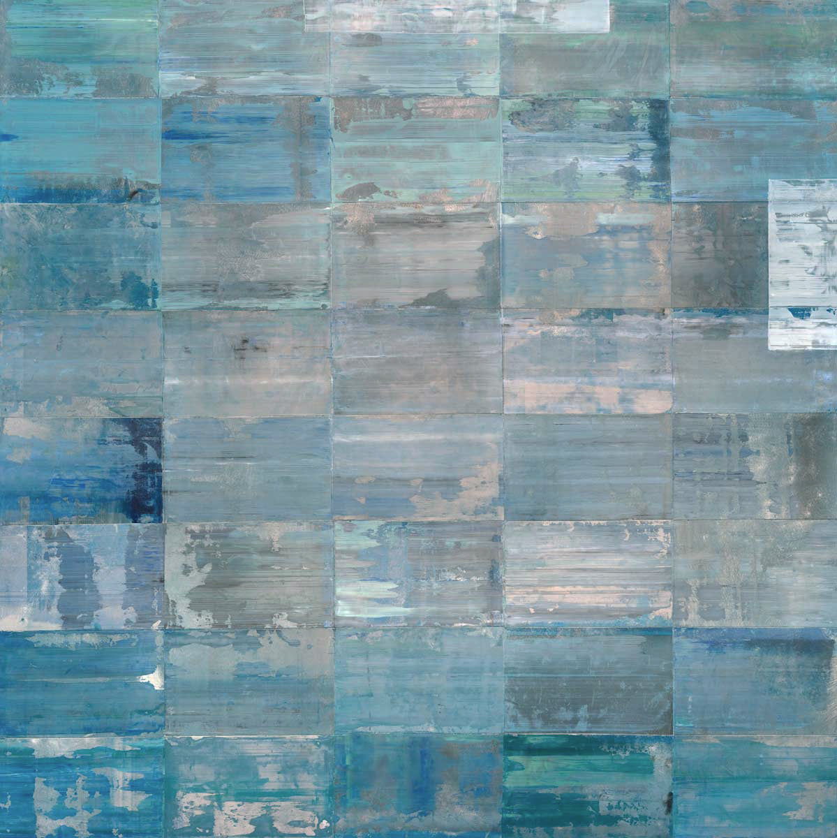 An abstract painting with a grid appearance from sheets of aluminum pressed to board with a green and blue oil wash.