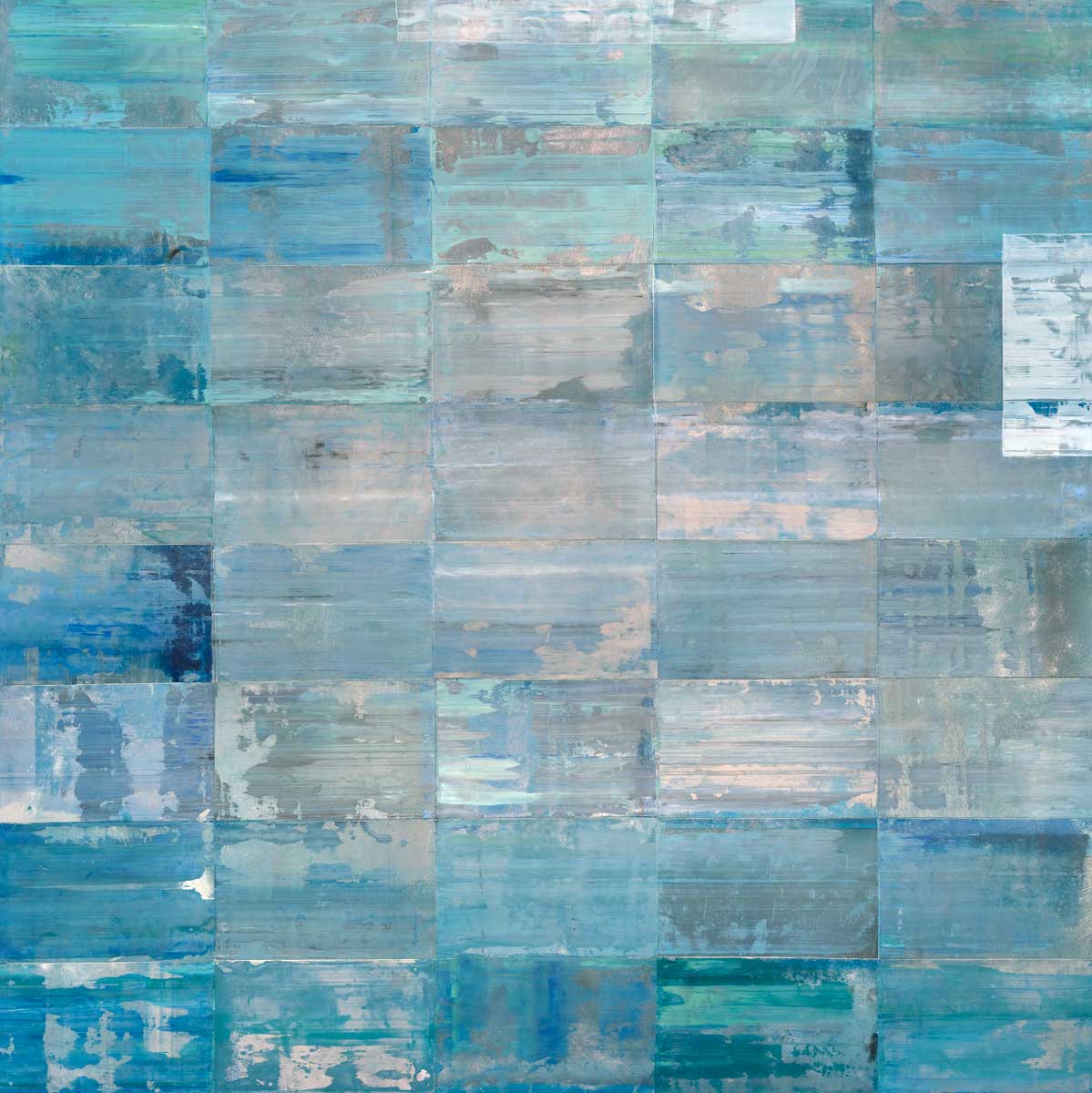 A blue and teal abstract geometric print by Ned Martin with grey accents.