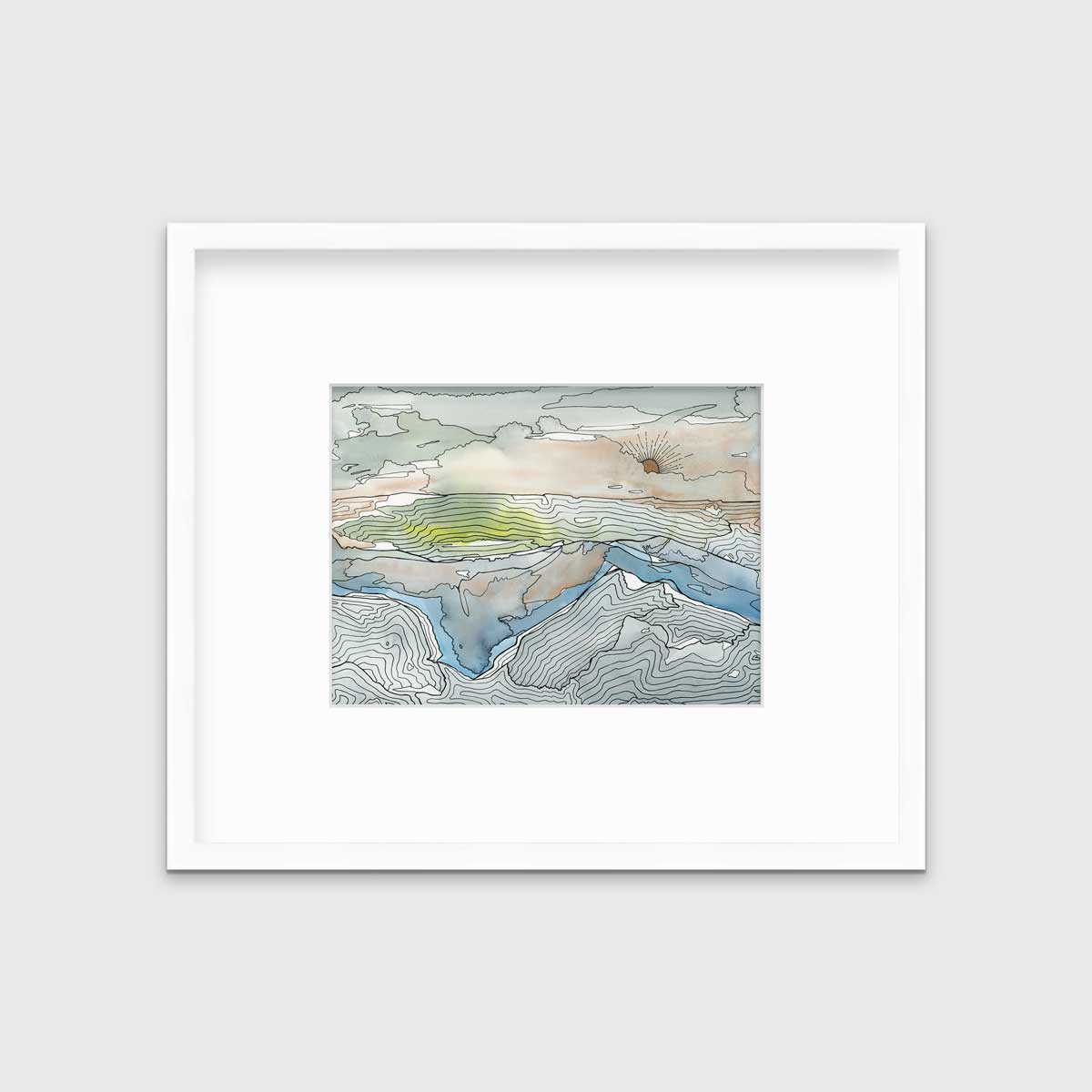 A brown, grey and light green abstract landscape print in a white frame with a mat hangs on a white wall.