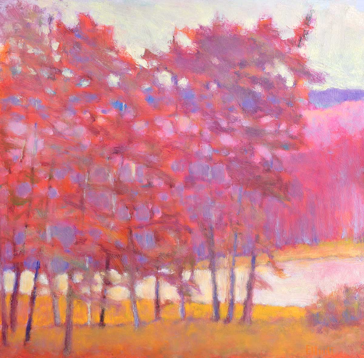A pink and red abstract tree landscape with yellow and white accents by Ken Elliott.