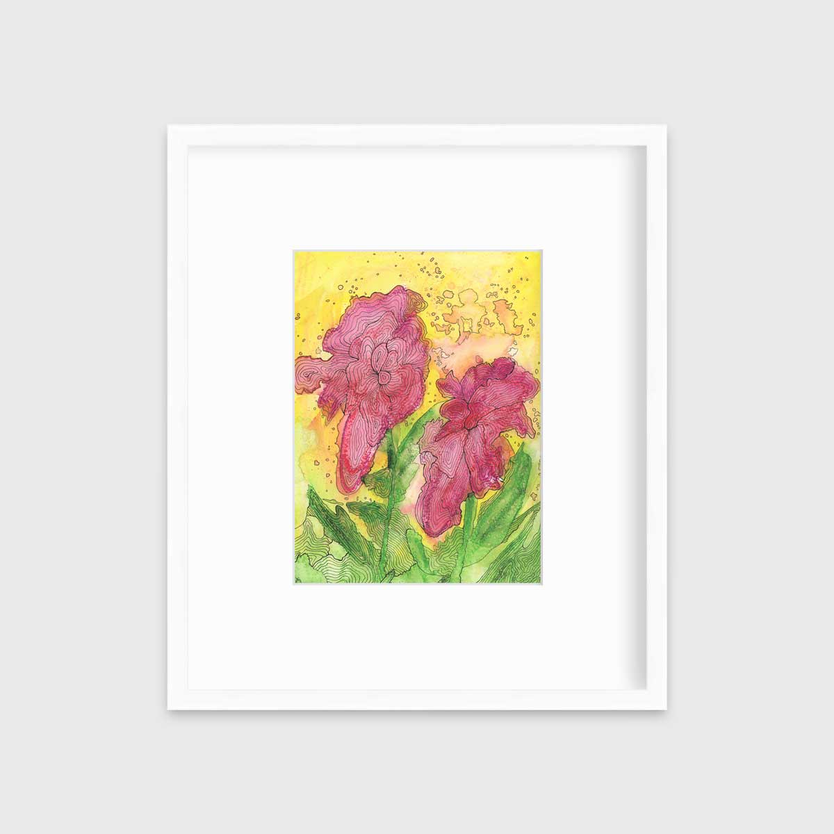 A red, yellow, green and black abstract floral print in a white frame with a mat hangs on a white wall.