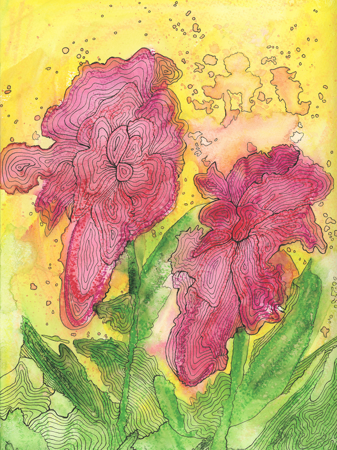 A red, yellow, green and black abstract floral print by Melissa Kircher.
