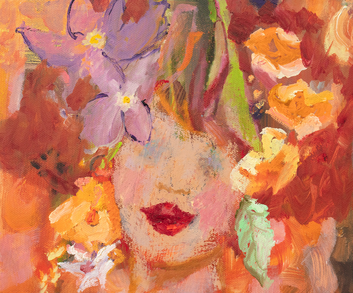 A red, orange, yellow and purple figural print by Christine Averill-Green.