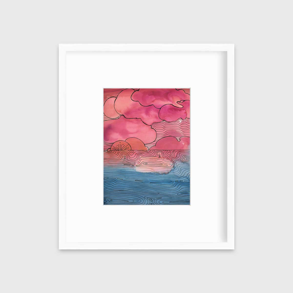 A pink, blue and black abstract landscape print in a white frame with a mat hangs on a white wall.