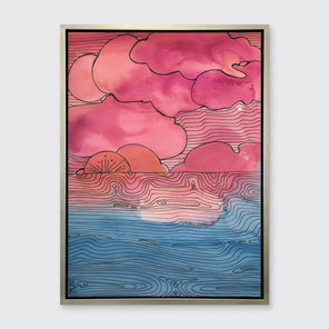 A pink, blue and black abstract landscape print in a silver floater frame hangs on a white wall.