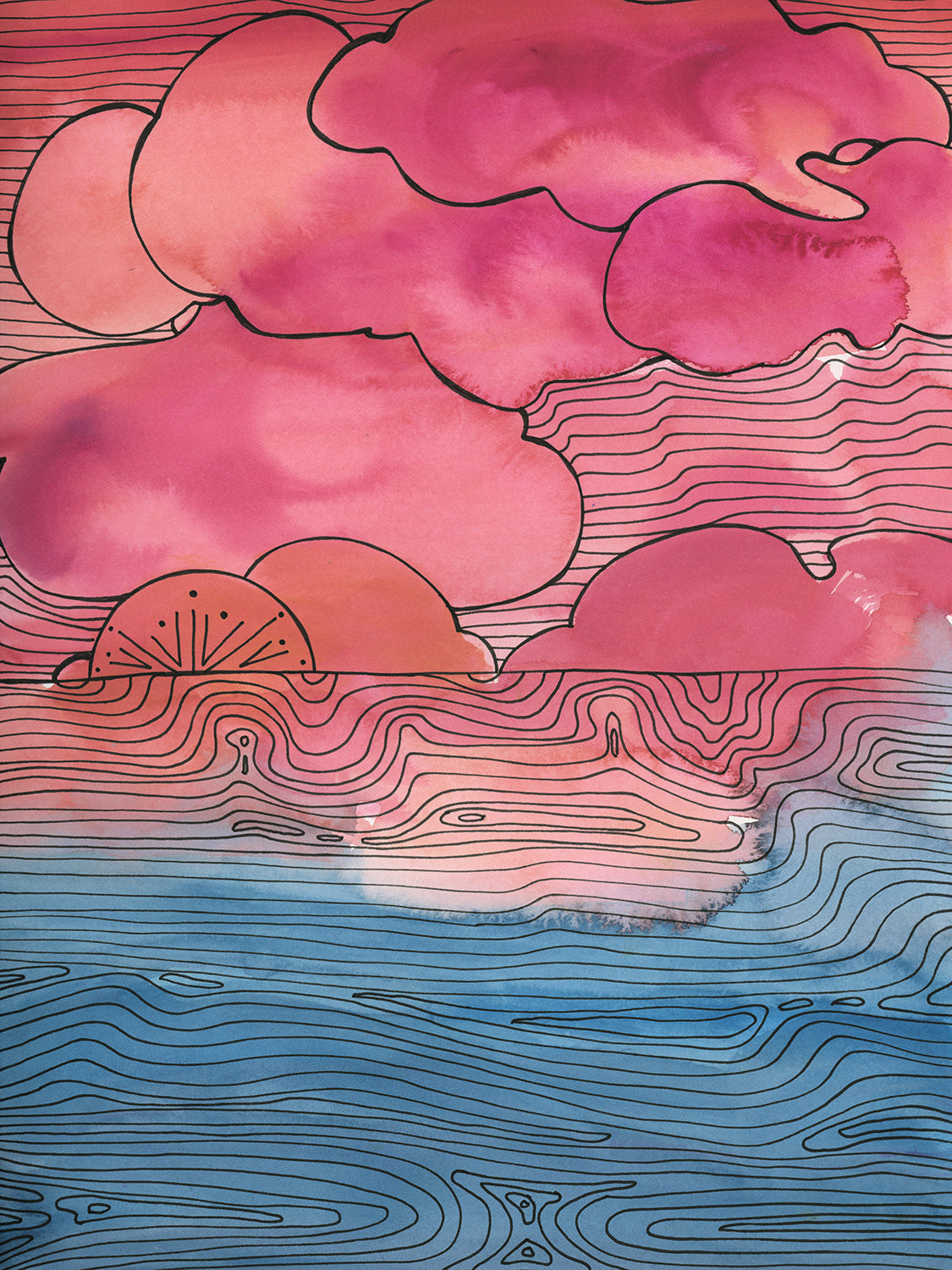 A pink, blue and black abstract landscape print by Melissa Kircher.