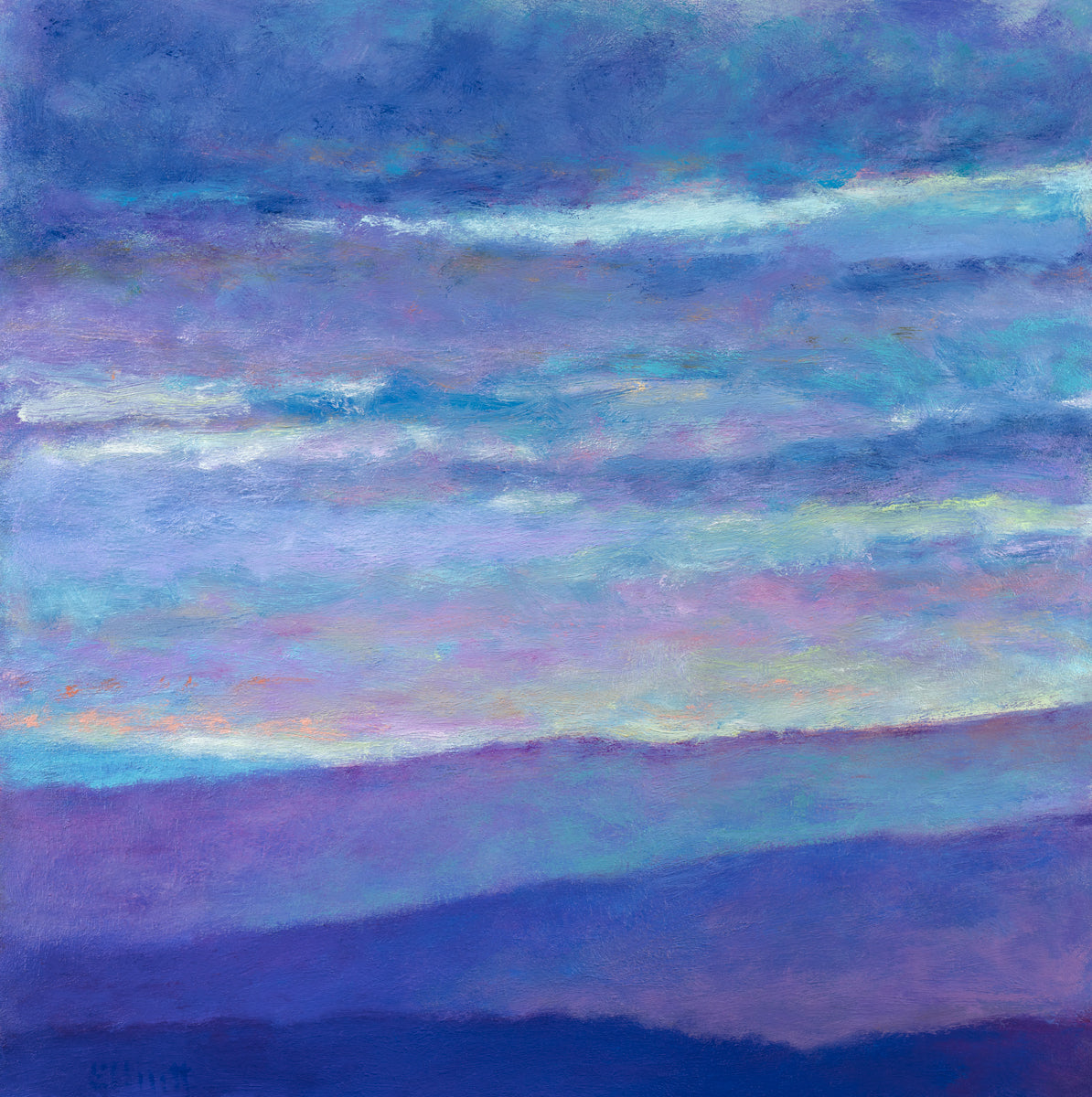 A blue, purple and light yellow abstract landscape print by Ken Elliott.