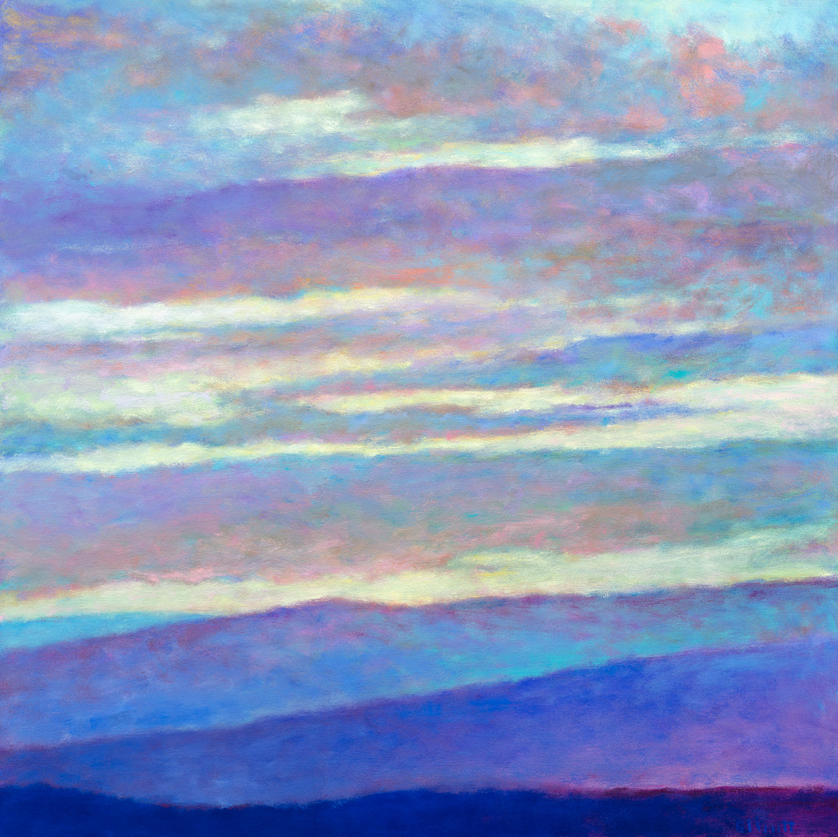 A blue, purple and light yellow abstract landscape print by Ken Elliott.