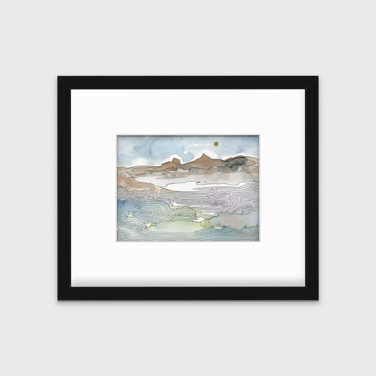 A blue, brown and light green abstract landscape print in a black frame with a mat hangs on a white wall.