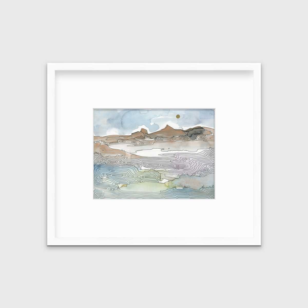 A blue, brown and light green abstract landscape print in a white frame with a mat hangs on a white wall.