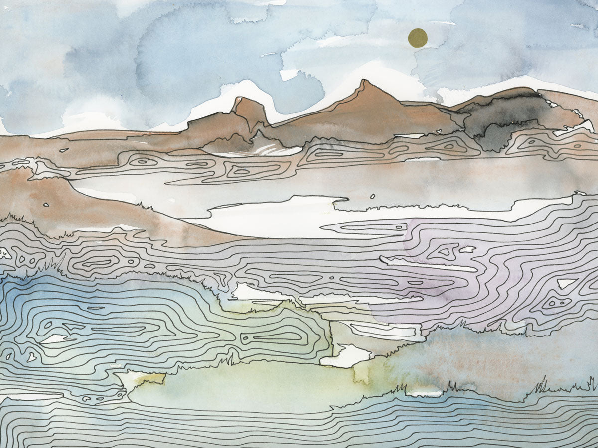 A blue, brown and light green abstract landscape print by Melissa Kircher.