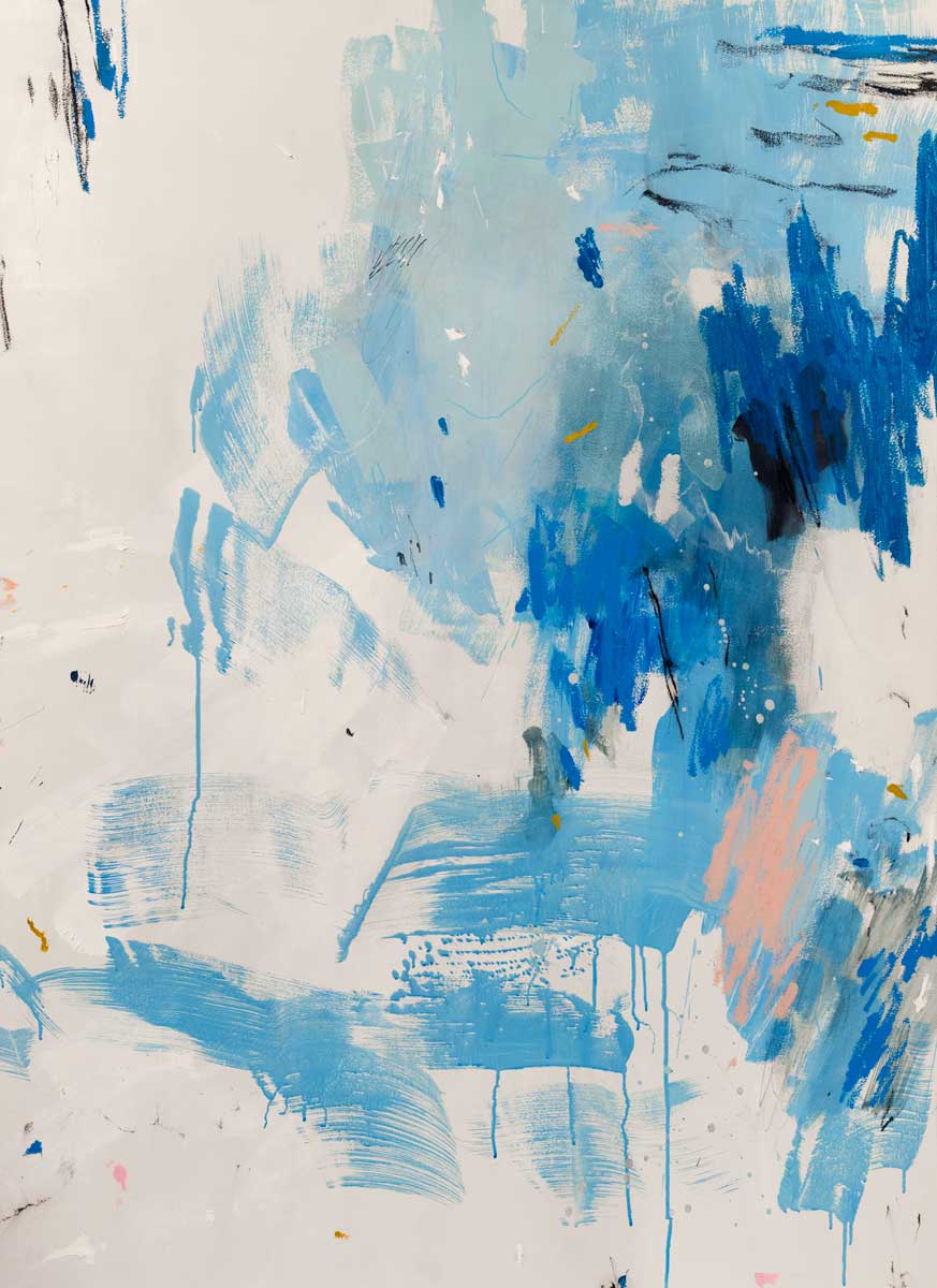 A blue, peach and white abstract print by Kelly Rossetti.