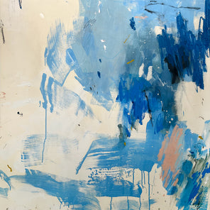 A blue and white abstract painting on beige Arches paper by Kelly Rossetti. 