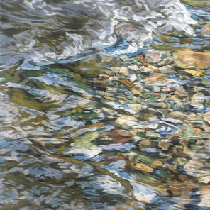 Painted scene of water running over rocks at the bottom of a shallow water, with light reflecting off of the moving water. 