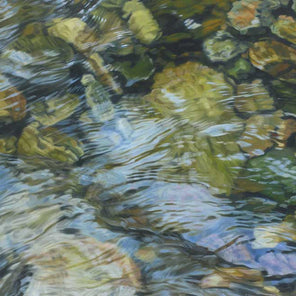 Painted scene of reflective water rippling over rocks at the bottom of a shallow river. 