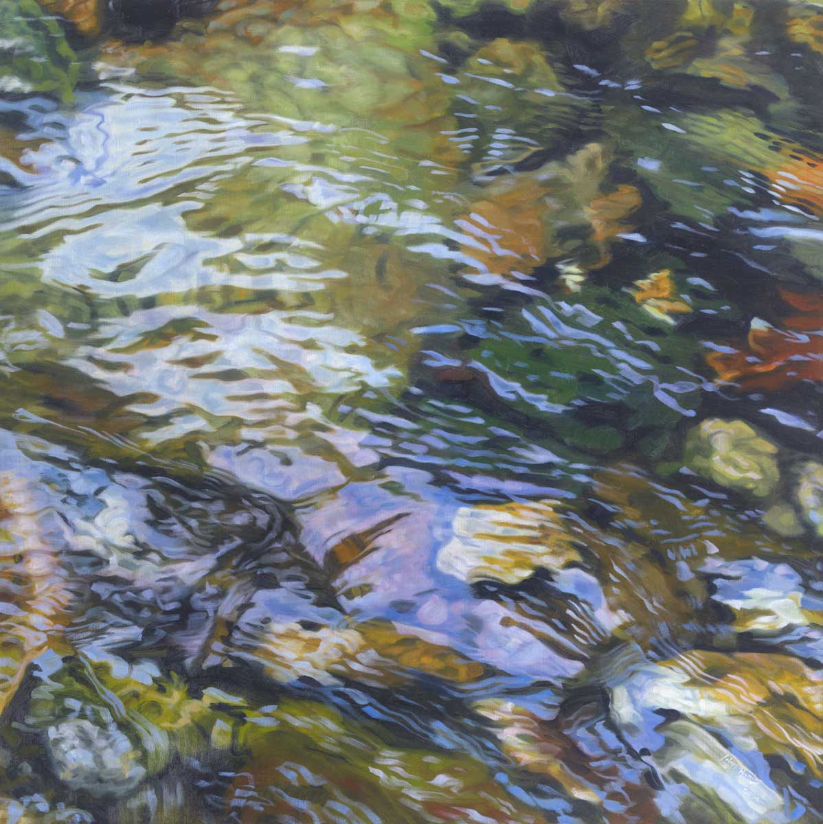 A print of reflective ripples in the water over rocks at the bottom of a river.