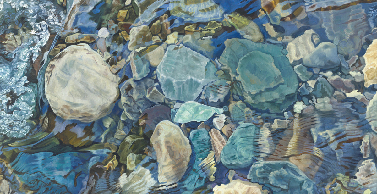 Abstracted print of grey, brown, green and beige river rocks under water by John Harris.