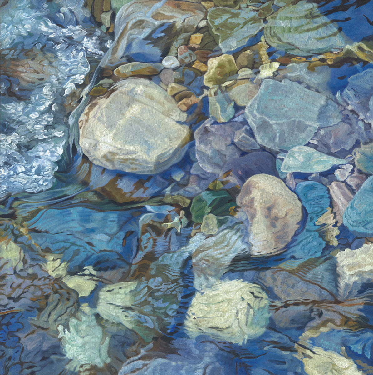 Abstracted print of grey, brown, green and blue river rocks under water by John Harris.