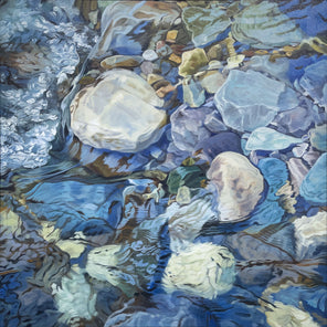 A cool-toned painting of river rocks by John Harris.