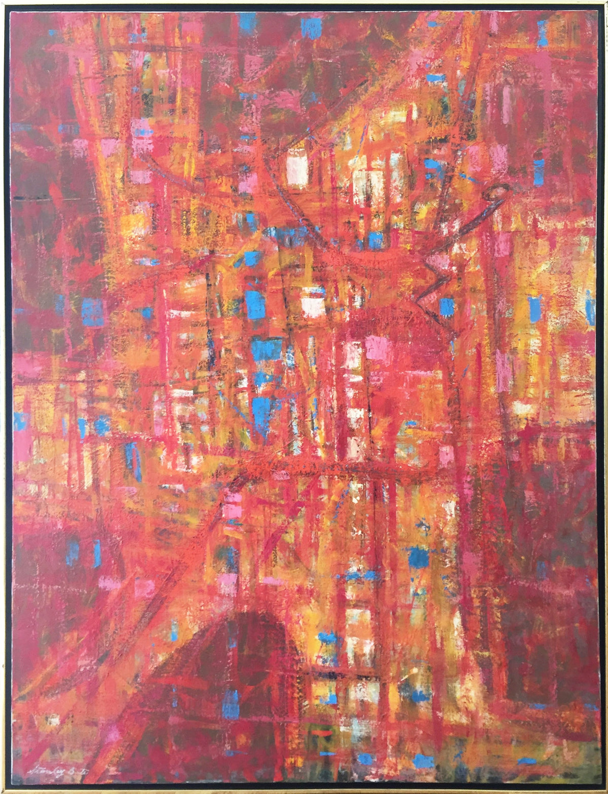 Abstract expressionist painting, in gold frame, with layered lines and colors to form a variety of shapes.