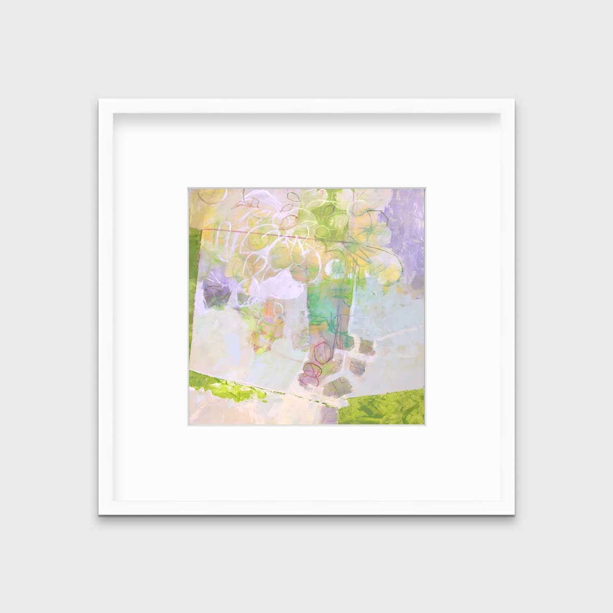 A light yellow, lavender and green abstract floral print in a white frame with a mat hangs on a white wall.