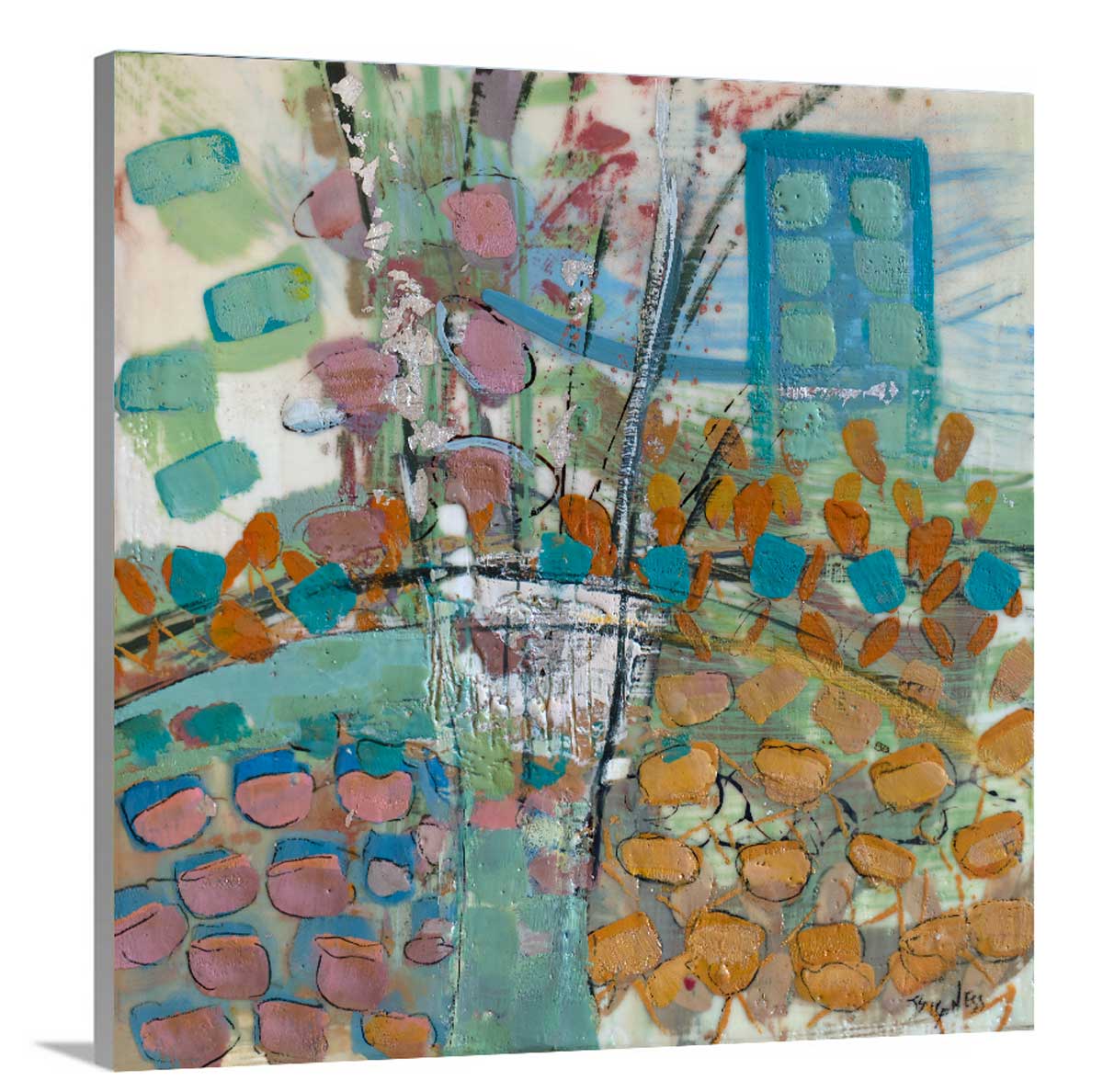 A side-angle view of a nature-inspired, multicolored canvas print. 