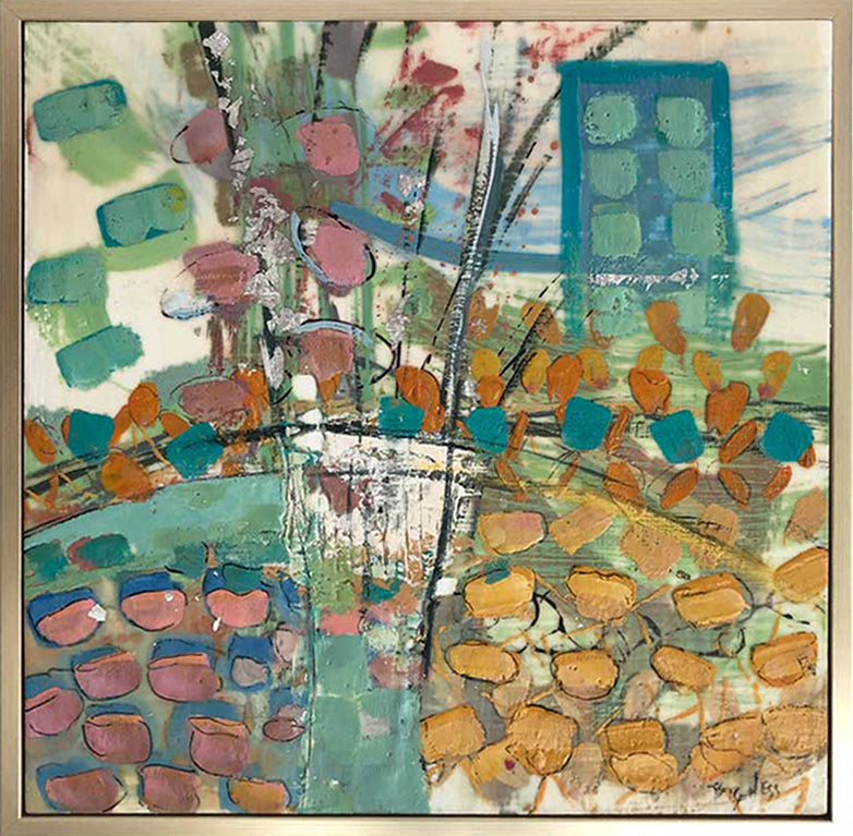 A nature-inspired abstract encaustic painting by Linda Bigness, framed in a gold floater frame. 