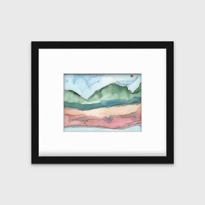 A blue, green and red abstract landscape print in a black frame with a mat hangs on a white wall.