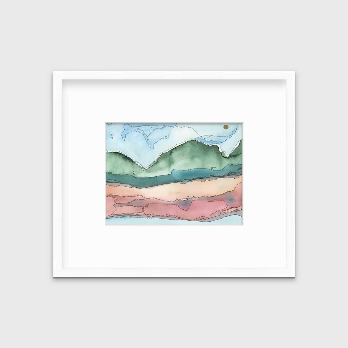 A blue, green and red abstract landscape print in a white frame with a mat hangs on a white wall.