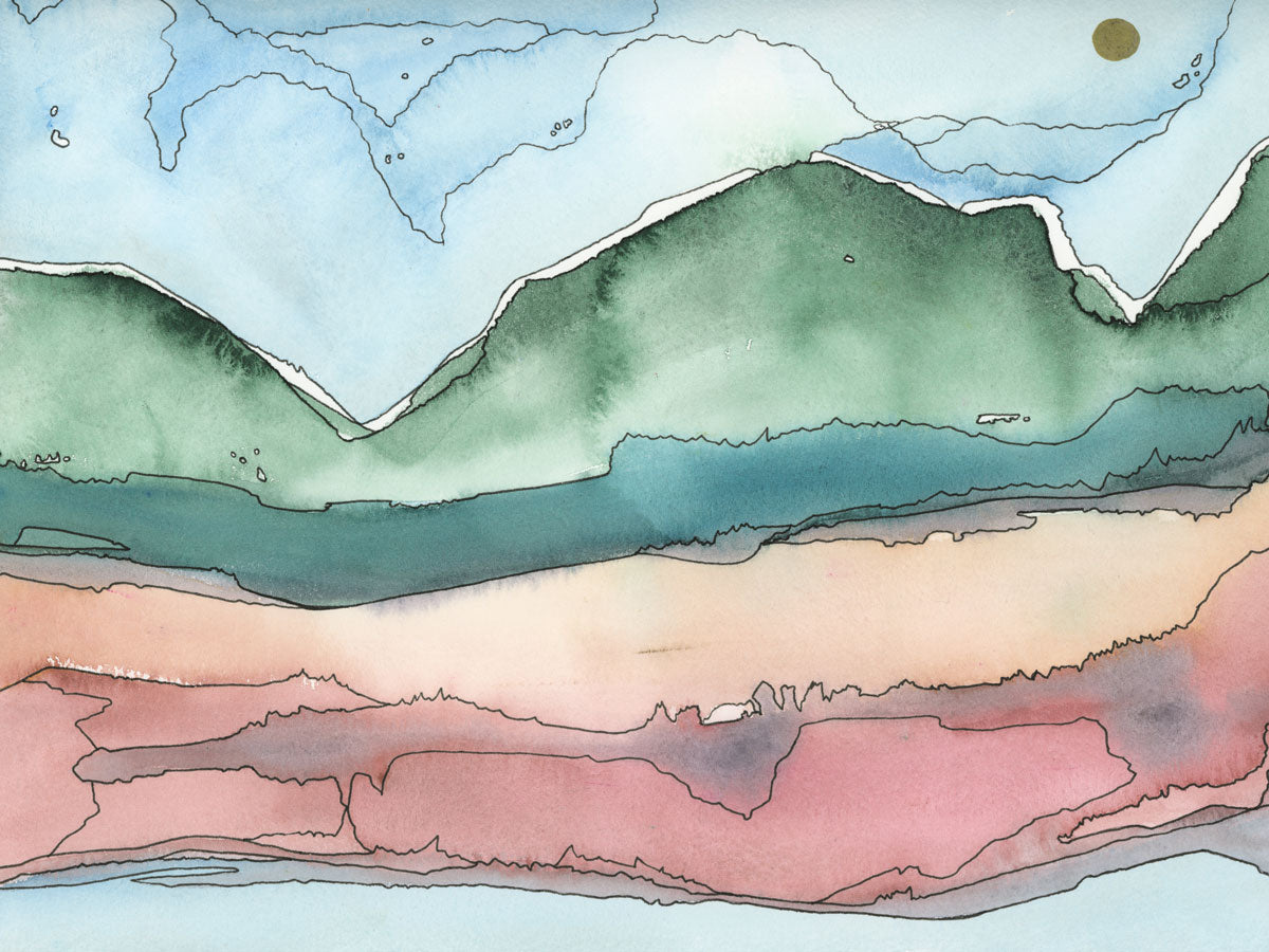 A blue, green and red abstract landscape print by Melissa Kircher.