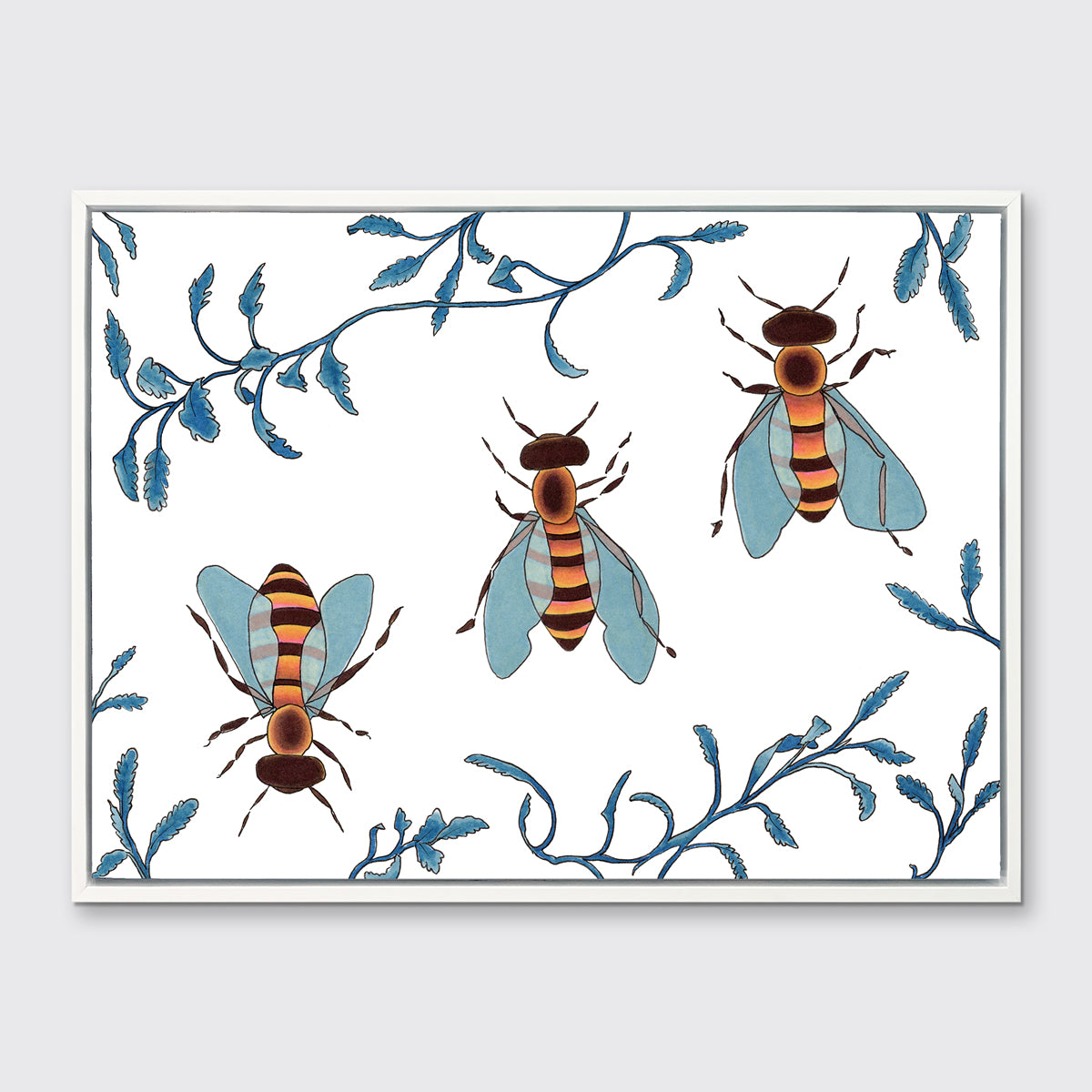 An illustration bee print hangs in a white floater frame on a light grey wall.