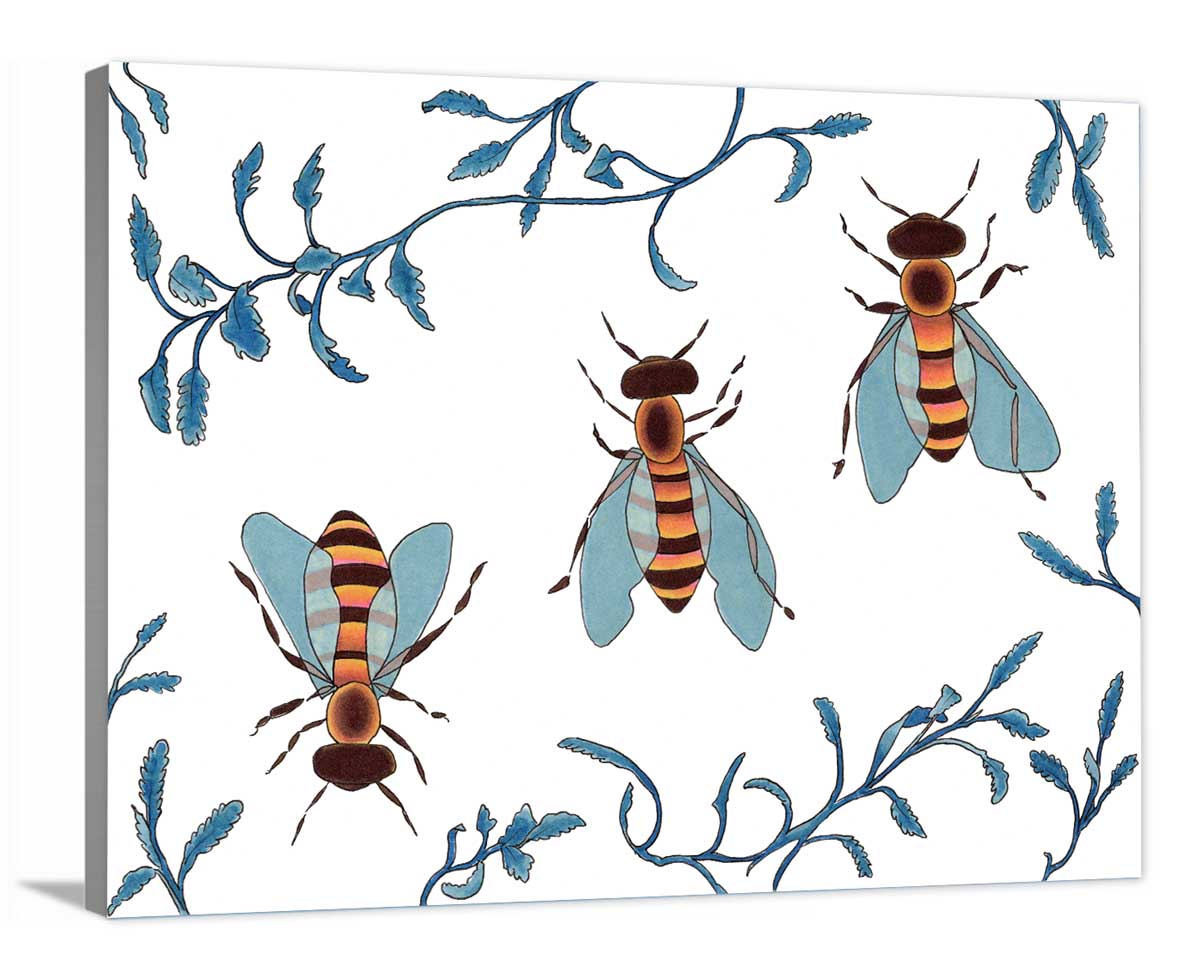 A side-angle view of a print of three orange and brown bees surrounded by blue ferns on canvas.